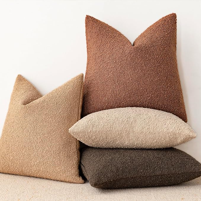 Foindtower Set of 2, Decorative Textured Boucle Throw Pillow Covers Accent Solid Pillow Cases Cozy Soft Couch Cushion Case for Chair Sofa Bedroom Living Room Home Decor 24x24 Inch Burnt Orange Hazel