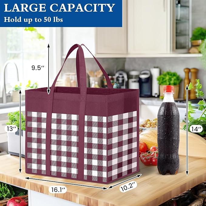 WISELIFE Reusable Grocery Shopping Bags 10 Pack Large Foldable Tote Bags Bulk, Long Handle for Shopping Groceries Clothes (Plaid C)