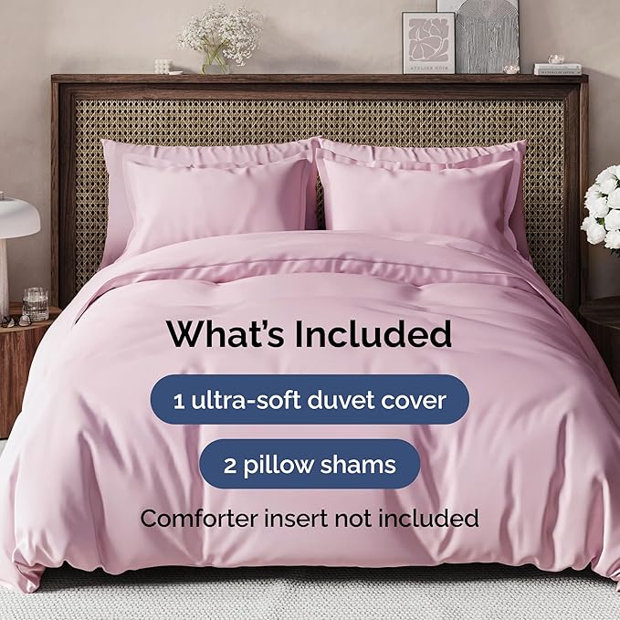 Duvet Cover Full Size Set - Extra Soft Full Size Duvet Cover 80 x 90 with 2 Pillow Shams - Hotel Luxury Easy Care and Fade Free w/Zipper Closures & Ties - Comfy Breathable Bedding Set (Light Pink)