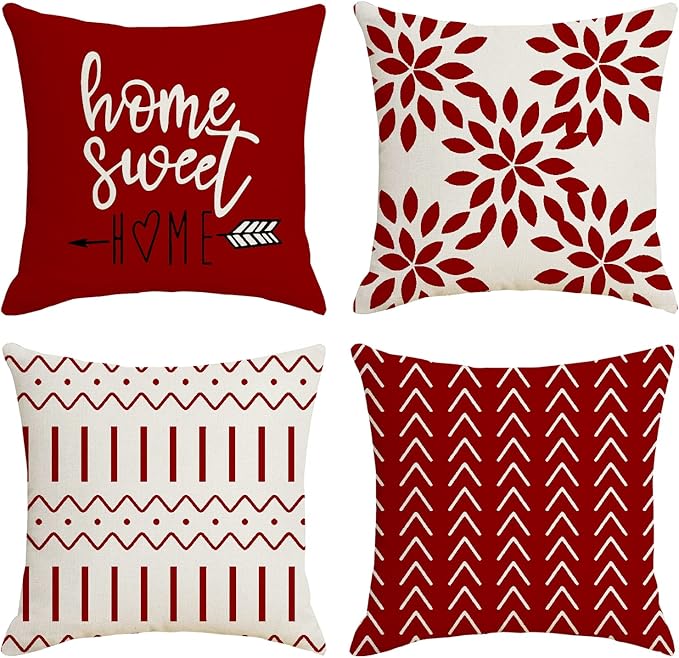 YCOLL Christmas Pillow Covers 20x20 Set of 4, Modern Sofa Throw Pillow Cover for Christmas Decor, Decorative Outdoor Linen Fabric Pillow Case for Couch Bed Car, Red