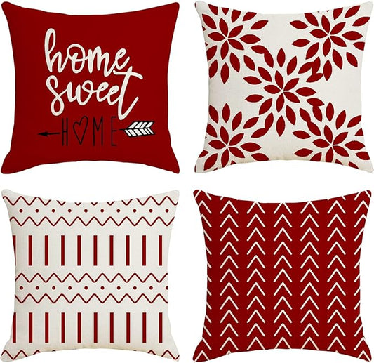 YCOLL Christmas Pillow Covers 20x20 Set of 4, Modern Sofa Throw Pillow Cover for Christmas Decor, Decorative Outdoor Linen Fabric Pillow Case for Couch Bed Car, Red