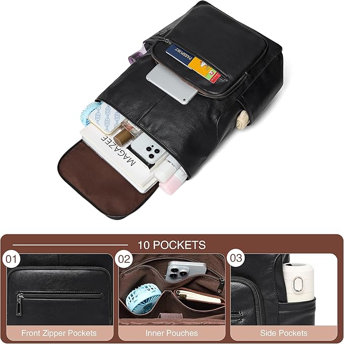 Leather Laptop Backpack for Women, 15.6 Inch Travel Backpack with Laptop Compartment, Casual Daypack Fashion Travel Backpack Purse for Travel College Work, Black