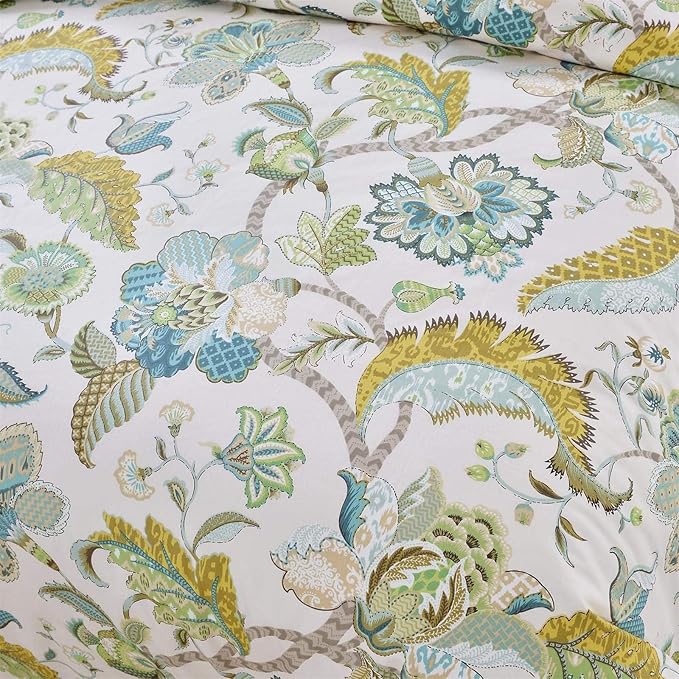 mixinni Boho-Chic King Size Duvet Cover Paisley Light Blue and Light Green Long Staple Cotton Bedding Set 1 Duvet Cover 2 Pillowcases for Him and Her, Easy Care, Soft and Durable- (3pcs, King Size)