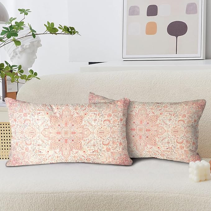 Boho Throw Pillow Covers 12x20 inch Set of 2,Boho Vintage Carpet Pattern Antique Ethnic Decor Double Sided Pattern Cushion Cover Soft Pillow Case Living Sofa Room Bed Square Pillow Cover