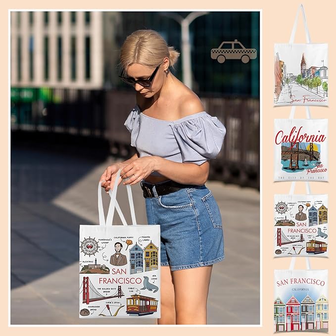 Paterr 4 Pcs City Souvenir Tote Bag-New York Chicago Seattle Los Angeles Boston San Francisco Paris Italy Las Vegas Nashville