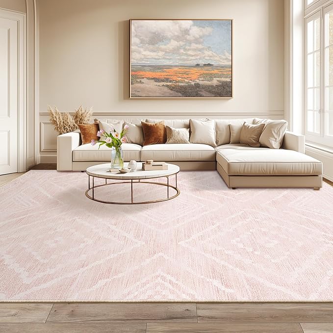 Area Rug 9x12 Rug Machine Washable Non-Slip Low Pile Print Pattern Western Rug for Living Room Bedroom Entryway Tribal Series -Light Pink/Cream