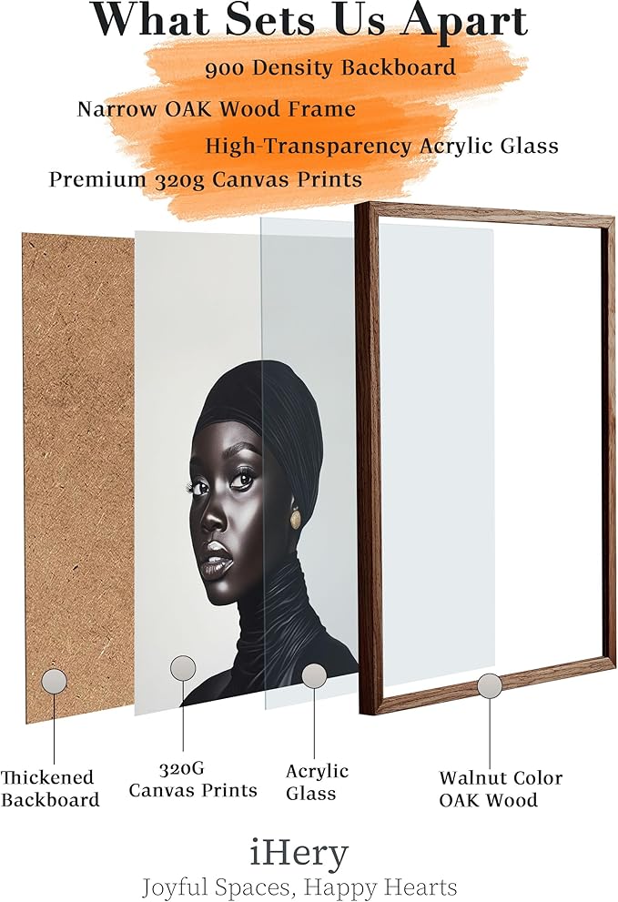iHery Natural OAK Wood Fashion Black Girl Walnut Color Framed Wall Art, 12x16 in Black and White Modern Hijabi Canvas Wall Decor, Trendy Afro Art For Bedroom Bathroom Living Room 1Pack