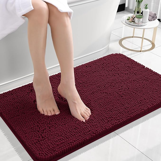 OLANLY Bathroom Rugs 24x16, Extra Soft Absorbent Chenille Bath Rugs, Rubber Backing Quick Dry, Machine Washable Bath Mats for Bathroom Floor, Tub and Shower, Home Decor Accessories, Burgundy