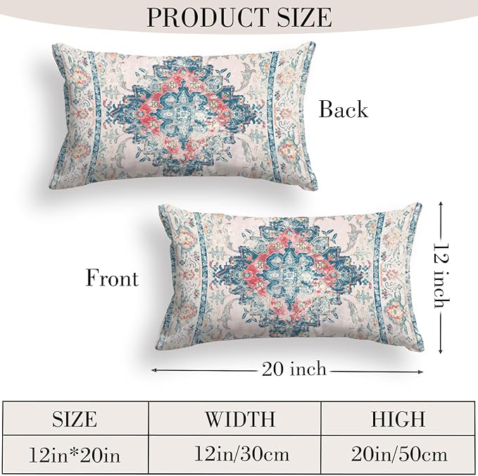 Boho Throw Pillow Covers 12x20 inch Set of 2,Boho Vintage Carpet Pattern Antique Ethnic Decor Double Sided Pattern Cushion Cover Soft Pillow Case Living Sofa Room Bed Square Pillow Cover