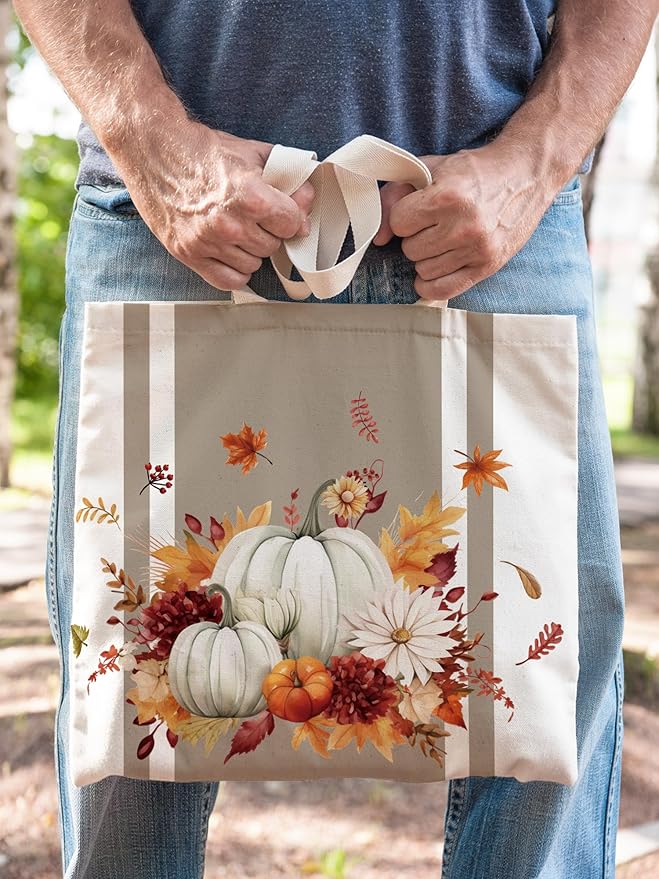 Bencailor 2 Pcs Fall Canvas Tote Bag Thanksgiving Pumpkin Maple Leaf Tote Pouch Cute Aesthetic Reusable Grocery Bag for Women