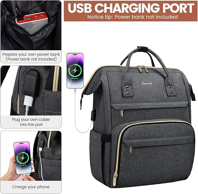 LOVEVOOK Laptop Backpack for Women,15.6 Inch Professional Womens Travel Backpack Purse Computer Laptop Bag Nurse Teacher Backpack,Waterproof College Work Bag Carry on Back Pack with USB Port,Dark Grey