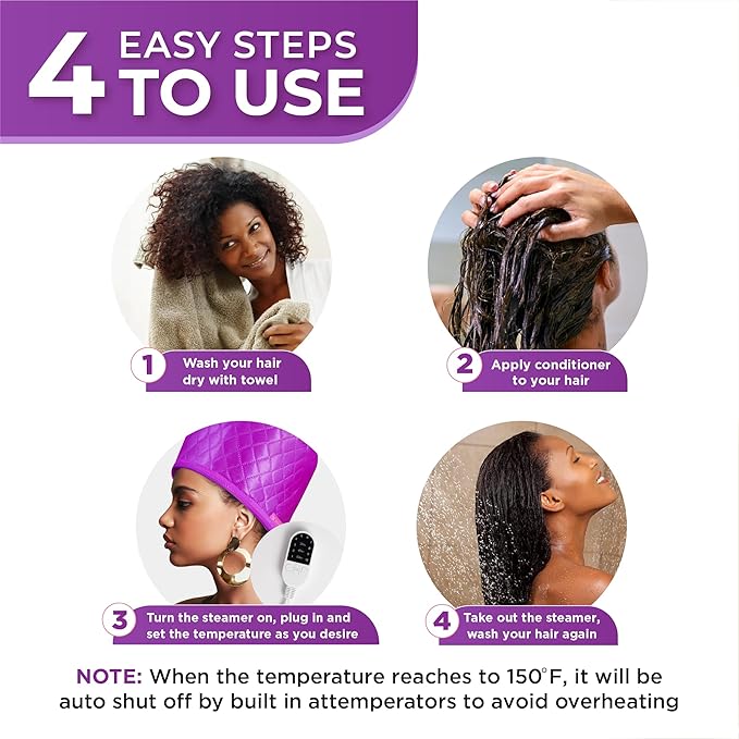 Hair Steamer for Deep Conditioning w/10-level Heats Up Quickly, Heating Cap for Deep Conditioner - Thermal Steam Cap for Black Hair, Great for Hair Treatment (Purple)