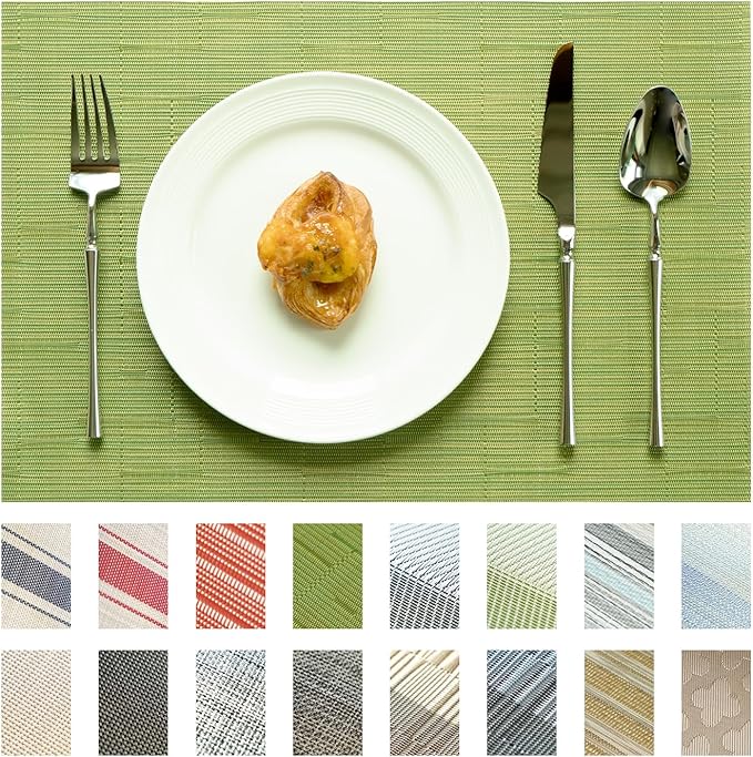 Placemats Set of 12 Vinyl/Plastic Woven Place Mats for Kitchen Table Indoor/Outdoor Washable Placemat Wipeable Dining Table Mats (Oliver Green,12)