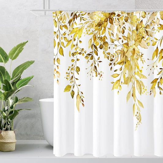 Gibelle Long Shower Curtain 72 x 78, Yellow Floral Shower Curtain for Bathroom, Watercolor Plant Eucalyptus Leaves Fabric Shower Curtain Set with Hooks