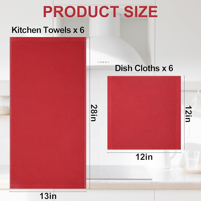 Homaxy 100% Cotton Kitchen Towels and Dishcloths Set, 12 x 12 Inches and 13 x 28 Inches, Set of 12 Bulk Kitchen Towels Set, Ultra Soft Absorbent Dish Cloths for Washing Dishes, Red
