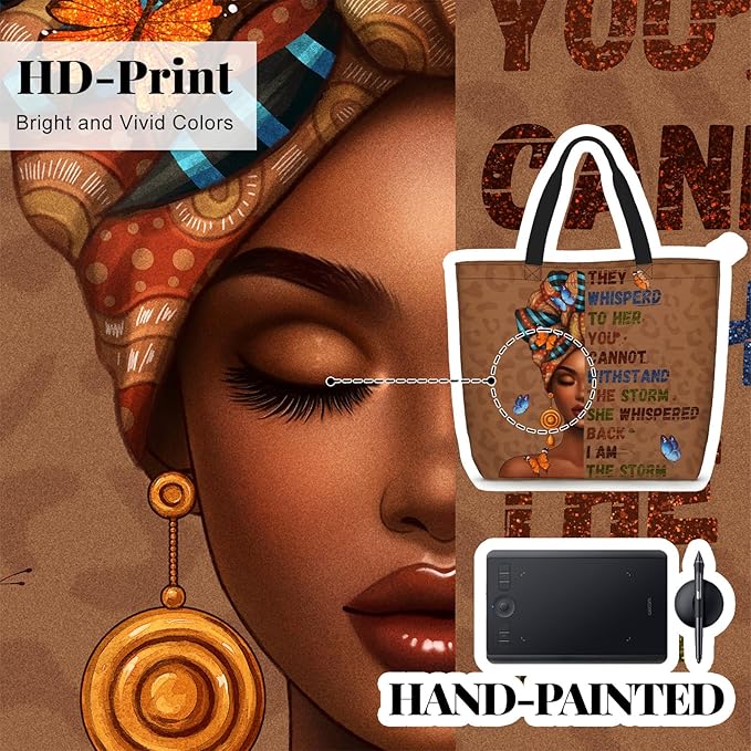 African American Women Tote Bag Black Shoulder Handbag For Women Fit Work Beach Labtops With Zip