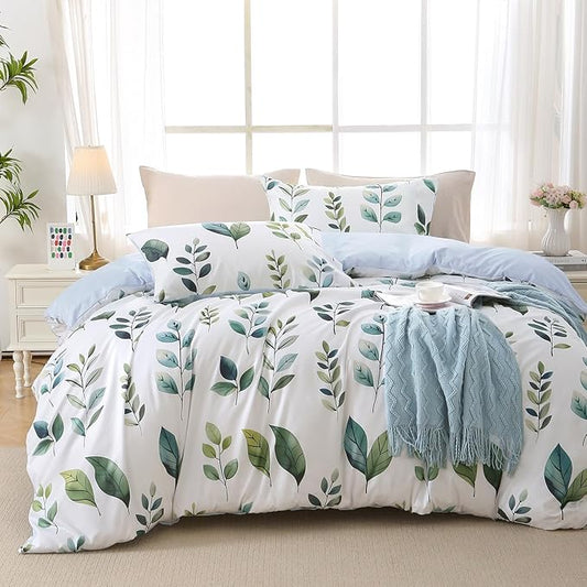 MUXHOMO Duvet Cover Queen Size, Reversible Floral Vintage Duvet Cover Set with Zipper Closure, 3 Pieces Botanical Patterns Soft Microfiber Bedding Set (90"x90", 2 Pillow Cases, Green Foliage White)