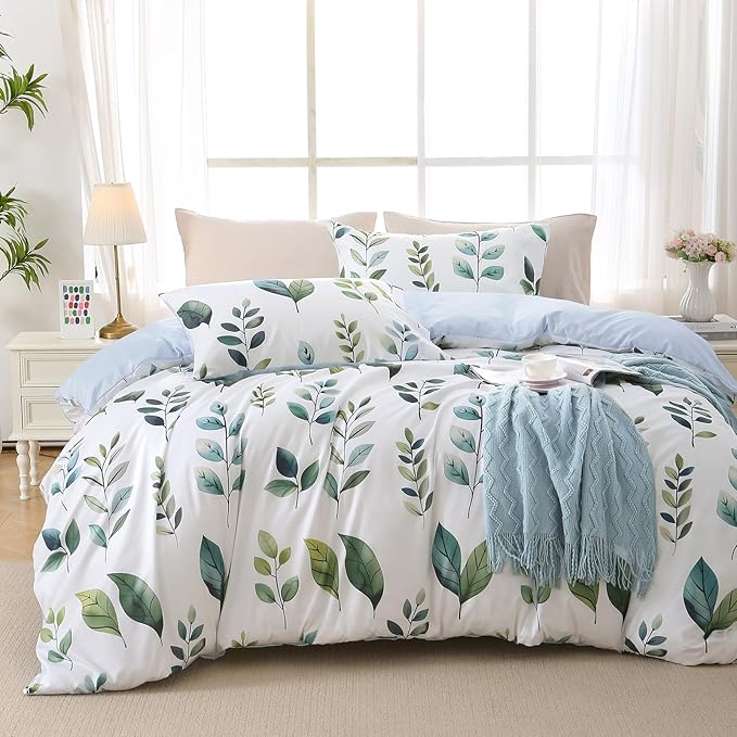 Duvet Cover King Size, Reversible Floral Vintage Duvet Cover Set with Zipper Closure, 3 Pieces Botanical Patterns Soft Microfiber Bedding Set (90"x104", 2 Pillow Cases 20"×36", Green Foliage White)