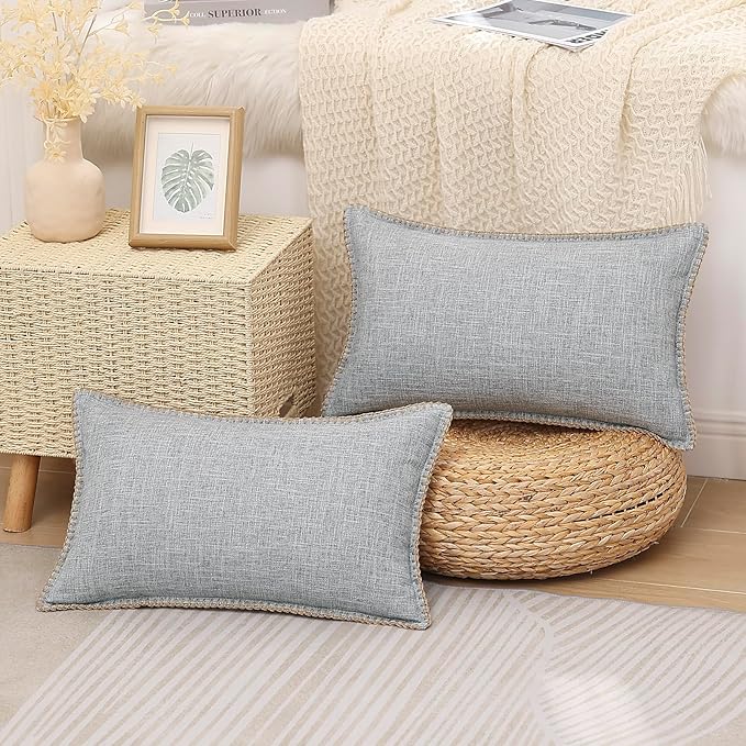 decorUhome Decorative Outdoor Throw Pillow Covers 12x20 Set of 2, Lumbar Linen Rustic Neutral Farmhouse Euro Pillow Covers with Stitched Edge for Couch, Sofa, Living Room, Light Grey