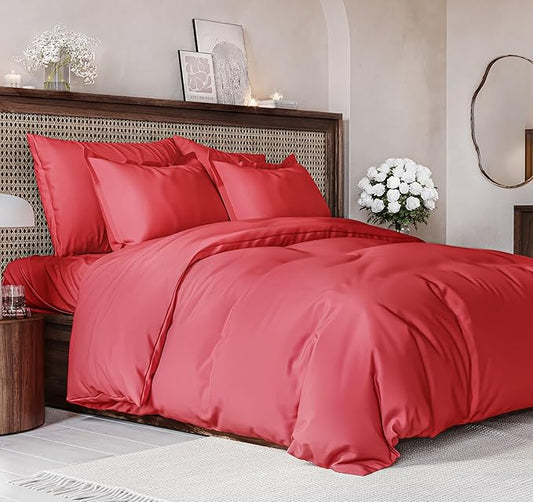Duvet Cover Cal King Size Set - Extra Soft Cal King Size Duvet Cover 104 x 98 with 2 Pillow Shams - Hotel Luxury Easy Care and Fade Free w/Zipper Closures & Ties - Comfy Breathable Bedding Set (Red)