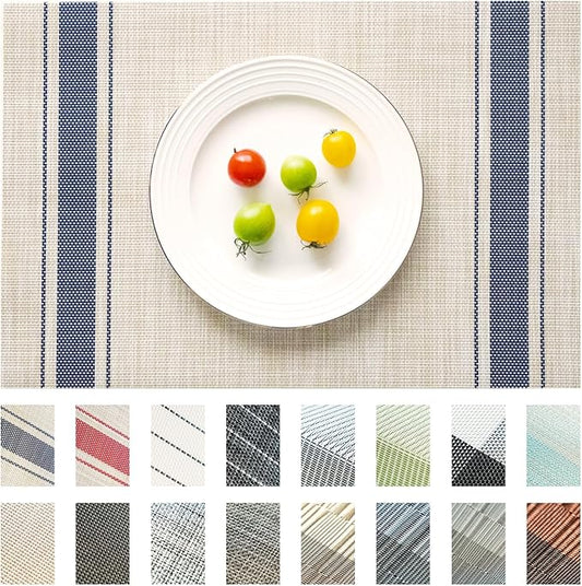 Placemats Set of 12 Vinyl/Plastic Woven Place Mats for Kitchen Table Indoor/Outdoor Washable Placemat Wipeable Dining Table Mats (Khaki Blue,12)