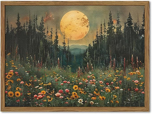 Vintage Forest Moon Wall Art, Nature Pine Tree Woodland Wall Decor Paintings, Dark Cottagecore Landscape 3D Textured Hand Drawn Sandstone Artwork for Bedroom Living Room 12x16 inch Wood Framed