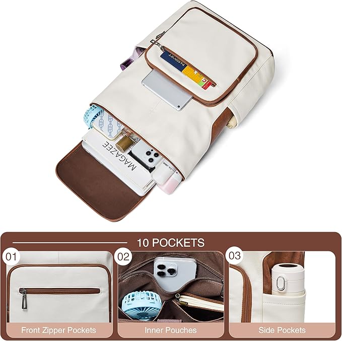 Leather Laptop Backpack for Women, 15.6 Inch Travel Backpack with Laptop Compartment, Casual Daypack Fashion Travel Backpack Purse for Travel College Work, Beige Brown