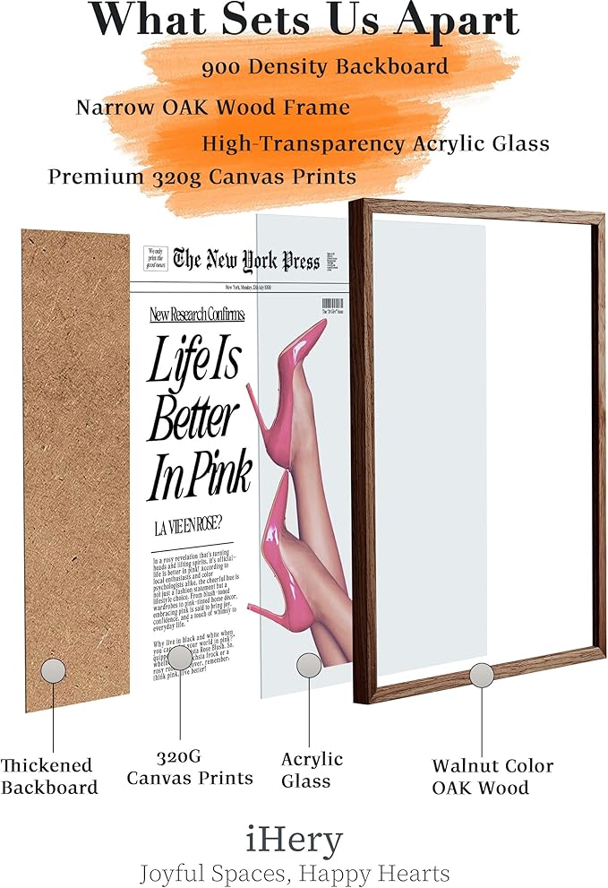 iHery Natural OAK Wood Retro Baby Pink News Walnut Color Framed Wall Art, 12x16 in Life Is Better In Pink Canvas Wall Decor, Modern Trendy Newspaper Art For Bedroom Bathroom Living Room 1Pack