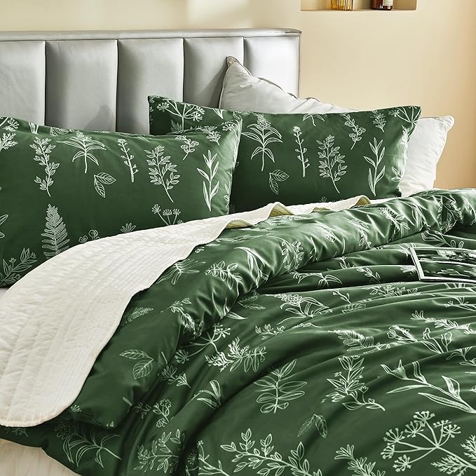 MUXHOMO Duvet Cover Full Size, Reversible Floral Dark Green Duvet Cover Set with Zipper Closure, 3 Pieces Botanical Patterns Soft Microfiber Bedding Set with 4 Ties (80"x90", 2 Pillow Cases)