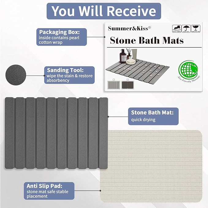 Foldable Stone Bath Mat, Quick Dry Stone Drying Mats for Bathroom, Super Absorbent Bath Mat, Non Slip, Large Diatomaceous Earth Dish Drying Mats for Kitchen Counter 23.5 x 15.4in, Dark Gray