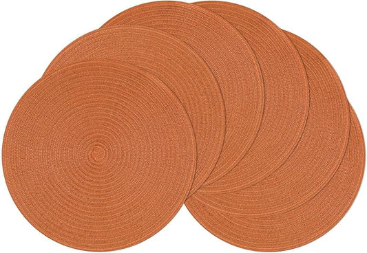 SHACOS Round Placemats Set of 6 Washable 15 inch Round Fall Placemats Cotton Polyester Woven Braided Table Place Mats for Dining Table Decor, Dark Orange