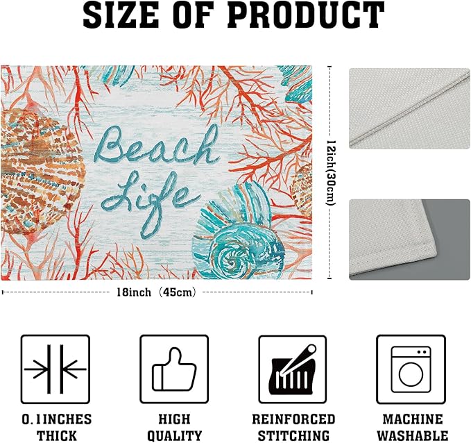 Giwawa Beach Life Placemats Set of 4-12"x18" Vintage Summer Seashell Conch Place Mat- Colorful Coastal Nautical Coral Linen Washable Table Mats for Kitchen Dining Party Tabletop Decoration