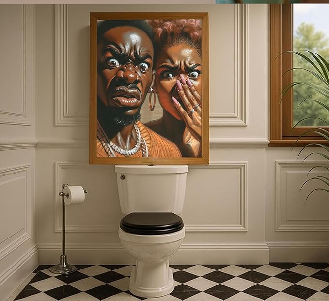 Funny African American Bathroom Canvas Wall Art Humor Afrocentric Black Couple Unpleasant Smell Cover Nose Painting Picture Wall Decor Print Artwork for Washroom Toilet Home Decoration Unframed