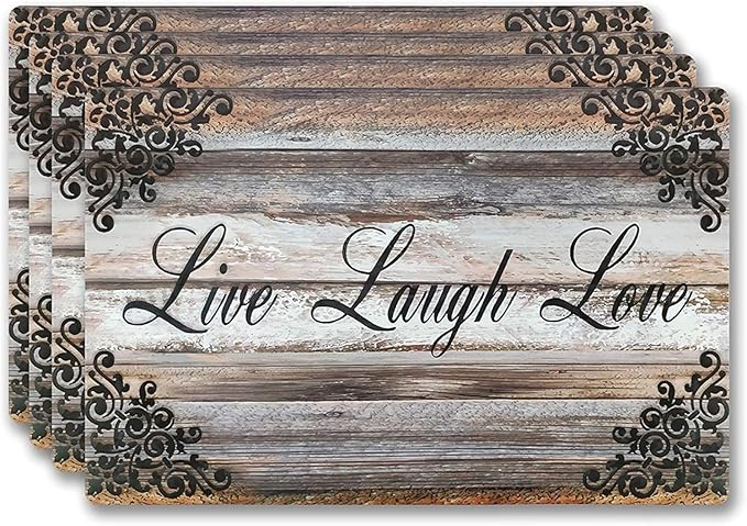 Vinyl Rectangular Placemats Set of 4 - Non Slip Place Mats Ideal for Indoor and Outdoor Dining Table - Washable and Heat Resistant Table Mat for Kitchen Tables (Live Laugh Love)