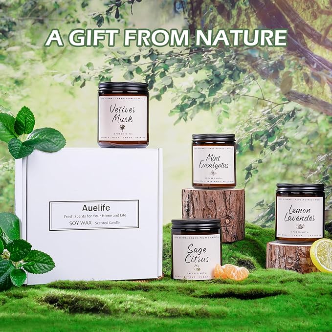 Auelife Scented Candles Set | Scented Candle for Home - 4 Pack Candle Gifts, Soy Candles for Home - Aromatherapy Gift of Mint Eucalyptus/Lemon Lavender/Sage Citrus/Vetiver Musk