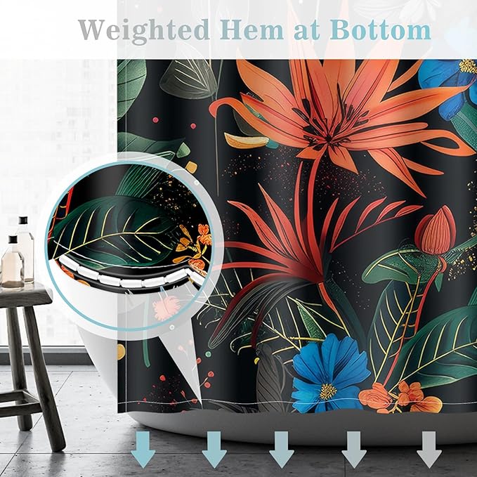 Aimego Black Floral Shower Curtain - Dark Vintage Flower Plants Boho Chic Colorful Botanical Leaves Fabric Cloth Bath Shower Curtain Set with 12 Hooks for Bathroom Decor Accessories, 72"x72"