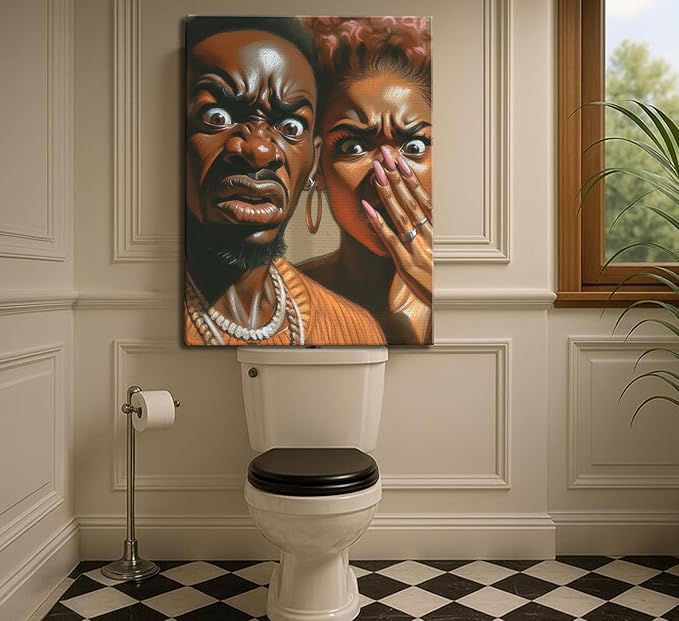 JASMIE Funny African American Bathroom Canvas Wall Art Humor Afrocentric Black Couple Unpleasant Smell Cover Nose Painting Pictures Wall Decor Print Artwork for Washroom Toilet Home Decoration