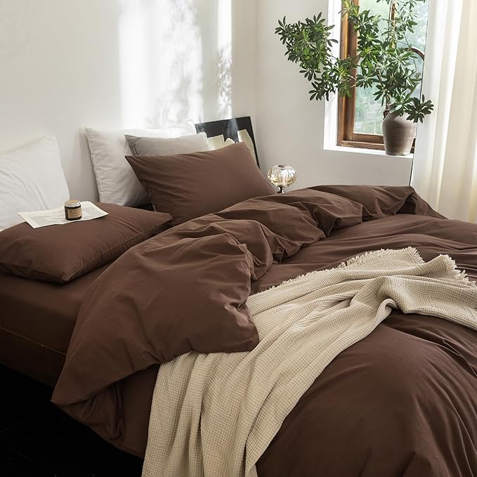 FOSSA Duvet Cover Set 100% Washed Cotton Linen Feel Super Soft Breathable Cozy 3 Pieces Bedding Sets Solid Cocoa Brown California King