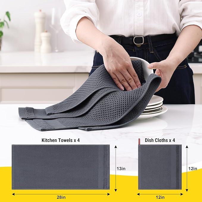 Homaxy Kitchen Towels and Dishcloths Set, 12 x 12 and 13 x 28 Inches, Set of 8 100% Cotton Waffle Weave Kitchen Towels, Super Soft and Absorbent Dish Cloths, Dark Grey