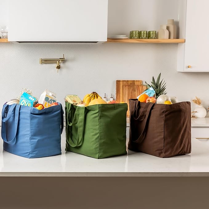 VeraMia Canvas Grocery Bag 3pc XL Set with Real Pockets, Long Shoulder Strap and Short Handle. Heavy Duty, Foldable, Washable