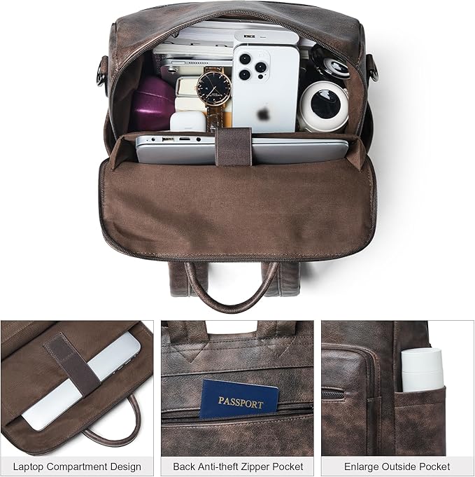 Shrrie 15.6 inch Laptop Backpack for Women,Large Leather Backpack Purse,Travel,Carry on,Water Resistant Casual Laptop Backpacks,College Backpack,Work Backpack for Women,Two-toned Coffee