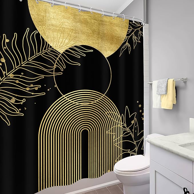 Black Gold Boho Shower Curtain 60Wx72H Mid Century Modern Abstract Leaves Plant Sun Bathroom Decor Minimalist Geometric Arch Line Vintage Aesthetic Bath Curtain Fabric Polyester 12 Pack Hooks