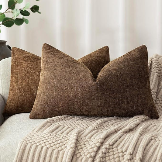 Foindtower Set of 2 Textured Chenille Throw Decorative Pillow Covers Square Accent Solid Cushion Cover Neutral Farmhouse Lumbar Pillow Case for Couch Sofa Bedroom Living Room 12x20 Inch,Dark Bronze