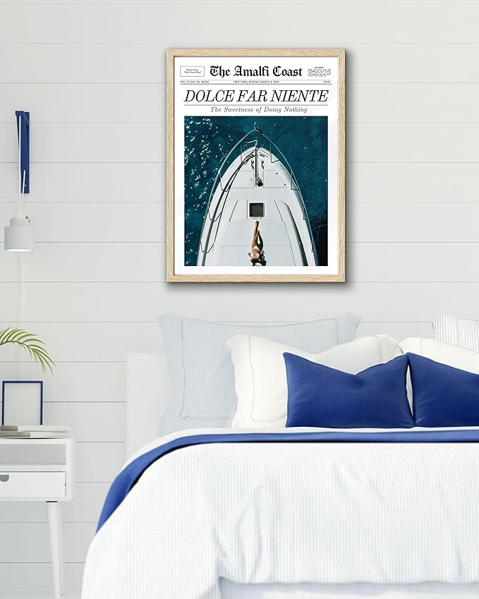 EcoHest Trendy Newspaper Dolce Far Niente Framed Wall Art, Large 16x20 in OAK Wood La Dolce Vita Canvas Art, Magazine Italian Summer Headline Decor, Beige Logs Set of 1 for Bedroom Living Room