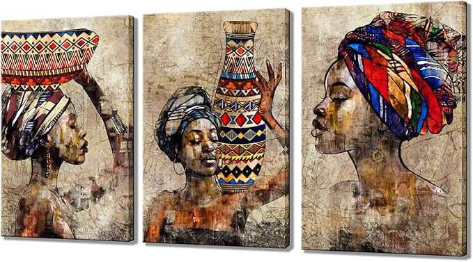 Biuteawal 3 Pieces African American Wall Art Tribal Black Girl Ethnic Style Picture Vintage Brown Artwork Abstract Painting for Bedroom Home Decor Stretched and Framed Ready to Hang