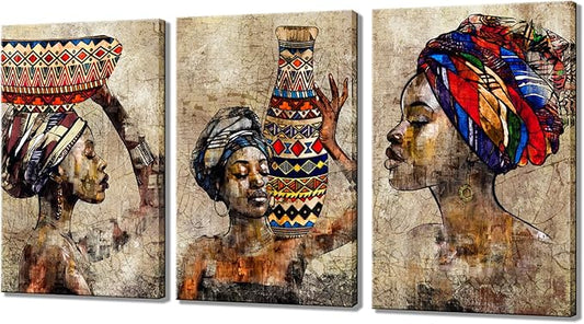 Biuteawal 3 Pieces African American Wall Art Tribal Black Girl Ethnic Style Picture Vintage Brown Artwork Abstract Painting for Bedroom Home Decor Stretched and Framed Ready to Hang