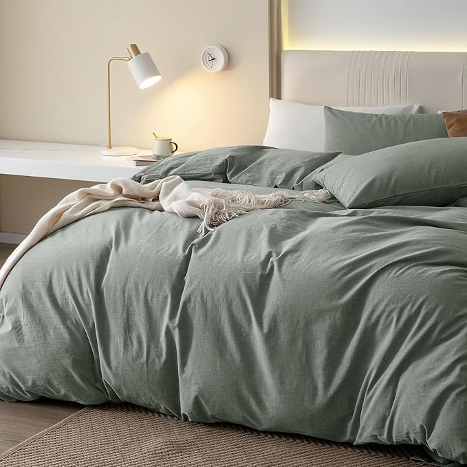 JIYUAN 100% Washed Cotton Duvet Cover Set 3 Pieces Super King, 1 Duvet Cover 108x98 Inches(Comforter Not Included) and 2 Pillowcases,Linen Feel Bedding Set Comfy and Breathable, Heathered Green