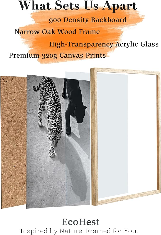 EcoHest Small Cheetah and Jaguar Walking Framed Wall Art, 8x10 in OAK Wood Vintage Black and White Funny Bathroom Canvas Art, Fashion 1950s Poster Decor, Set of 1 for Bedroom Living Room