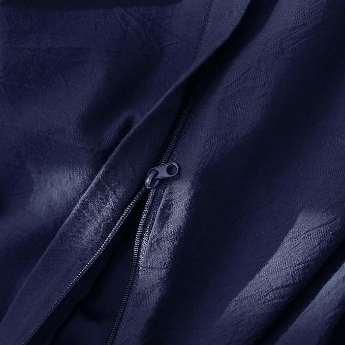 JIYUAN 100% Washed Cotton Duvet Cover Set 3 Pieces Full, 1 Duvet Cover 80x90 Inches(Comforter Not Included) and 2 Pillowcases,Linen Feel Bedding Set Comfy and Breathable,Navy Blue