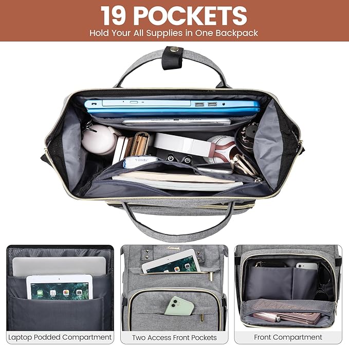 LOVEVOOK Laptop Backpack for Women,15.6 Inch Professional Womens Travel Backpack Purse Computer Laptop Bag Nurse Teacher Backpack,Waterproof College Work Bags Carry on Back Pack with USB Port,Grey